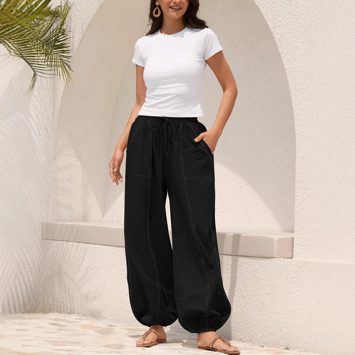 Damen Weite Haremhose mit Kordelzug, aufgesetzten Taschen und elastischem Knöchelabschluss – Avérine