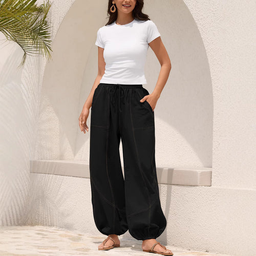 Damen Weite Haremhose mit Kordelzug, aufgesetzten Taschen und elastischem Knöchelabschluss – Avérine