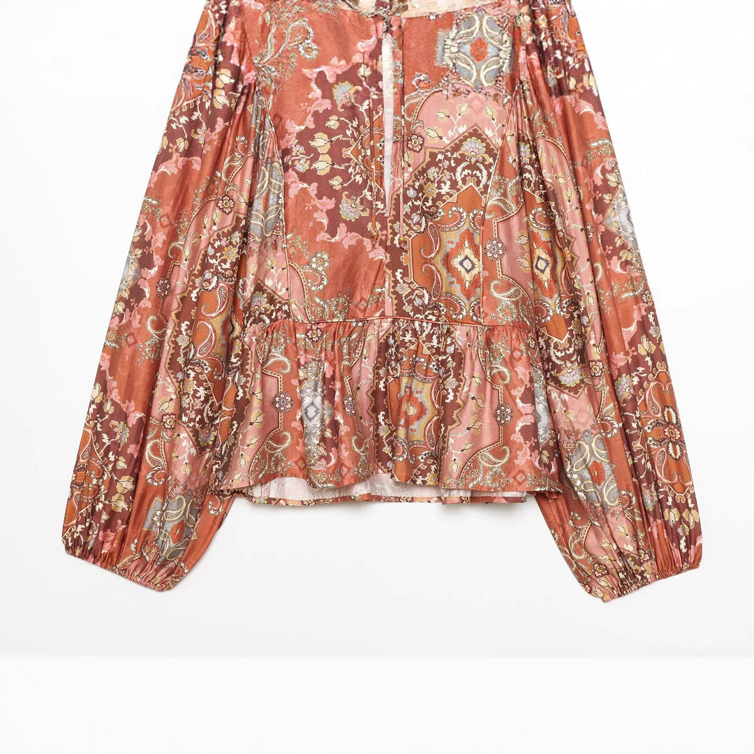 Damen Boho-Bluse mit Paisley-Print, Bindeband-Ausschnitt, geraffter Taille und voluminösen Ballonärmeln – Élovi