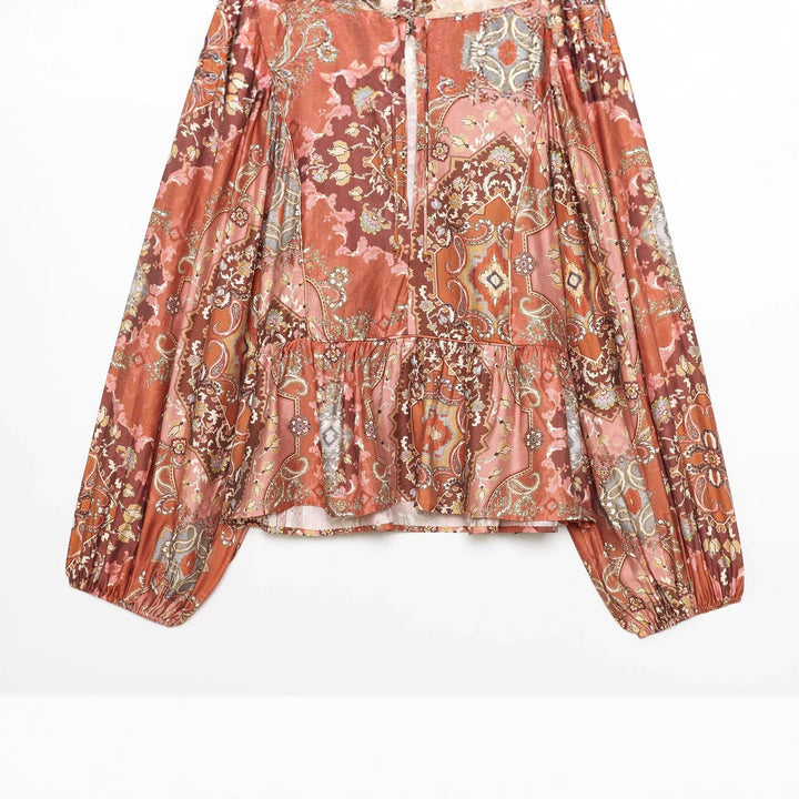 Damen Boho-Bluse mit Paisley-Print, Bindeband-Ausschnitt, geraffter Taille und voluminösen Ballonärmeln – Élovi