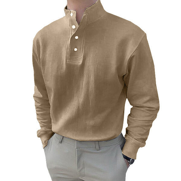 Herren Langarm-Henley-Shirt mit modernem Stehkragen und Knopfleiste Echoarchiv