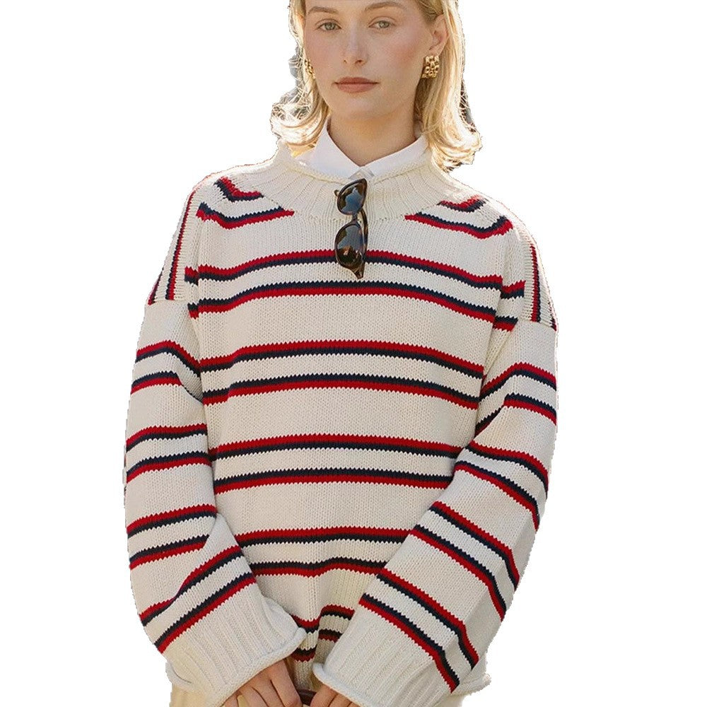 Damen Oversize gestreifter Baumwollmix-Pullover mit weitem Schnitt und Rippbündchen Echoarchiv