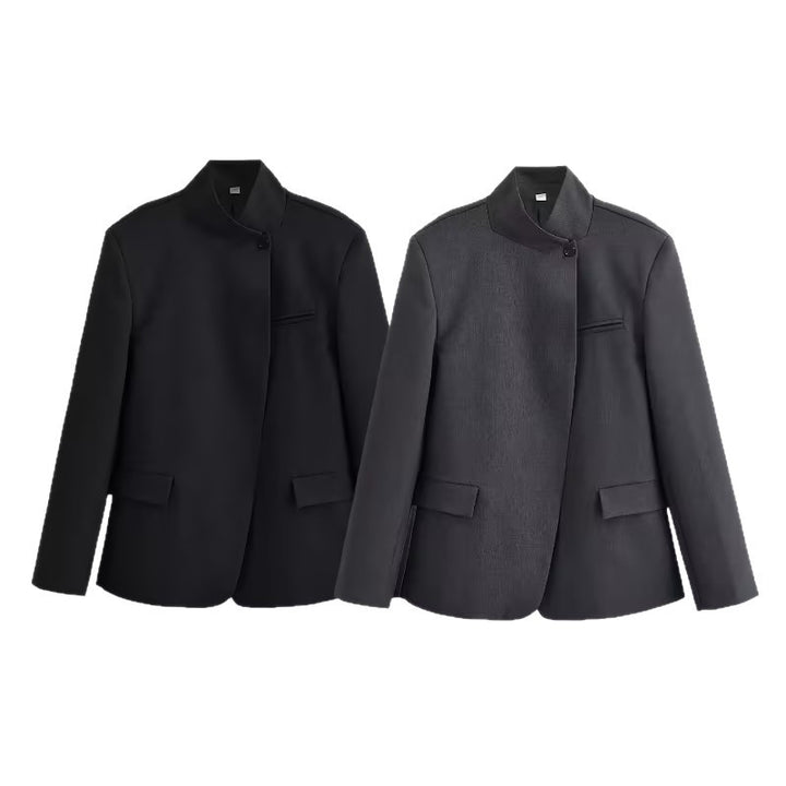 Damen Strukturierter Kurzblazer im Minimalstil mit Stehkragen und verdeckter Knopfleiste Echo Archiv