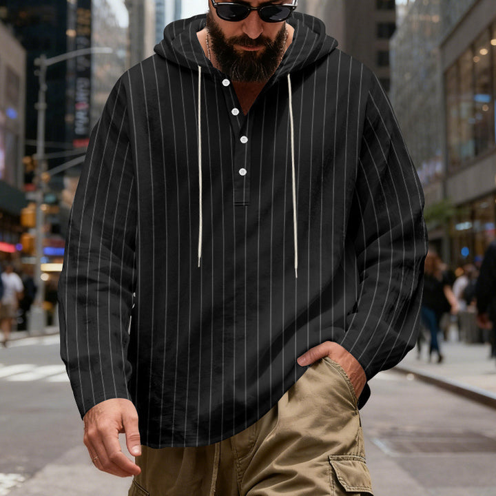 Herren nan gestreiftes Henley-Kapuzenhemd mit Langarm, lockerem Schnitt und Kordelzug Echo Archiv