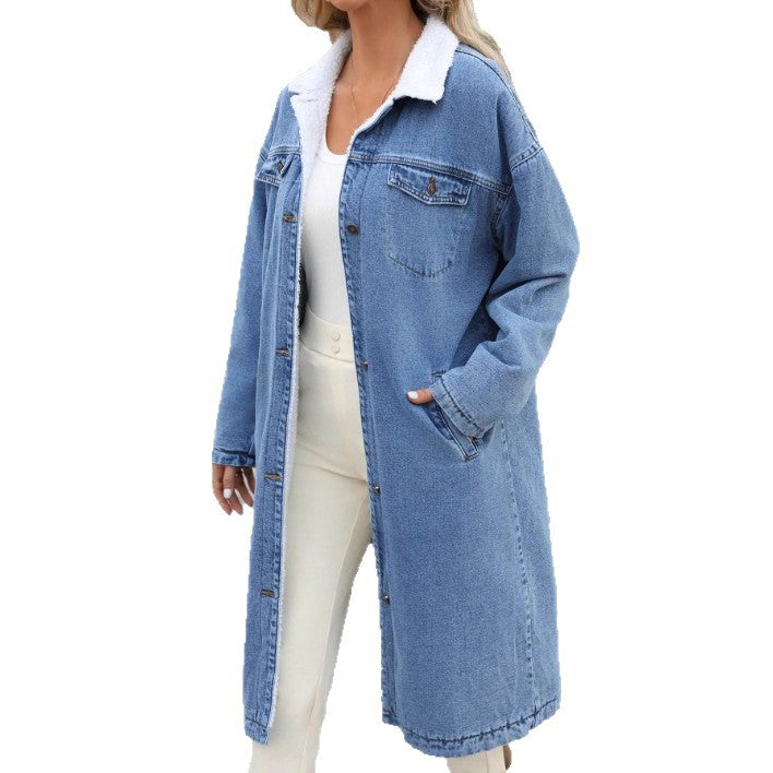 Damen Longline-Denim-Mantel mit Teddykragen Echo Archiv