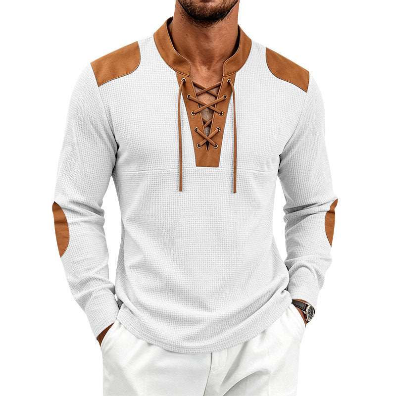 Herren Langarm-Waffelshirt mit Schnürkragen und Kunstlederapplikationen – Marzano