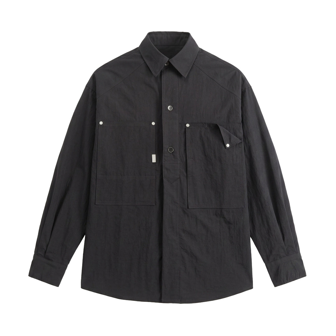 Herren Utility‑Hemdjacke mit oversized Passform, aufgesetzten Taschen und verdeckter Knopfleiste Echoarchiv