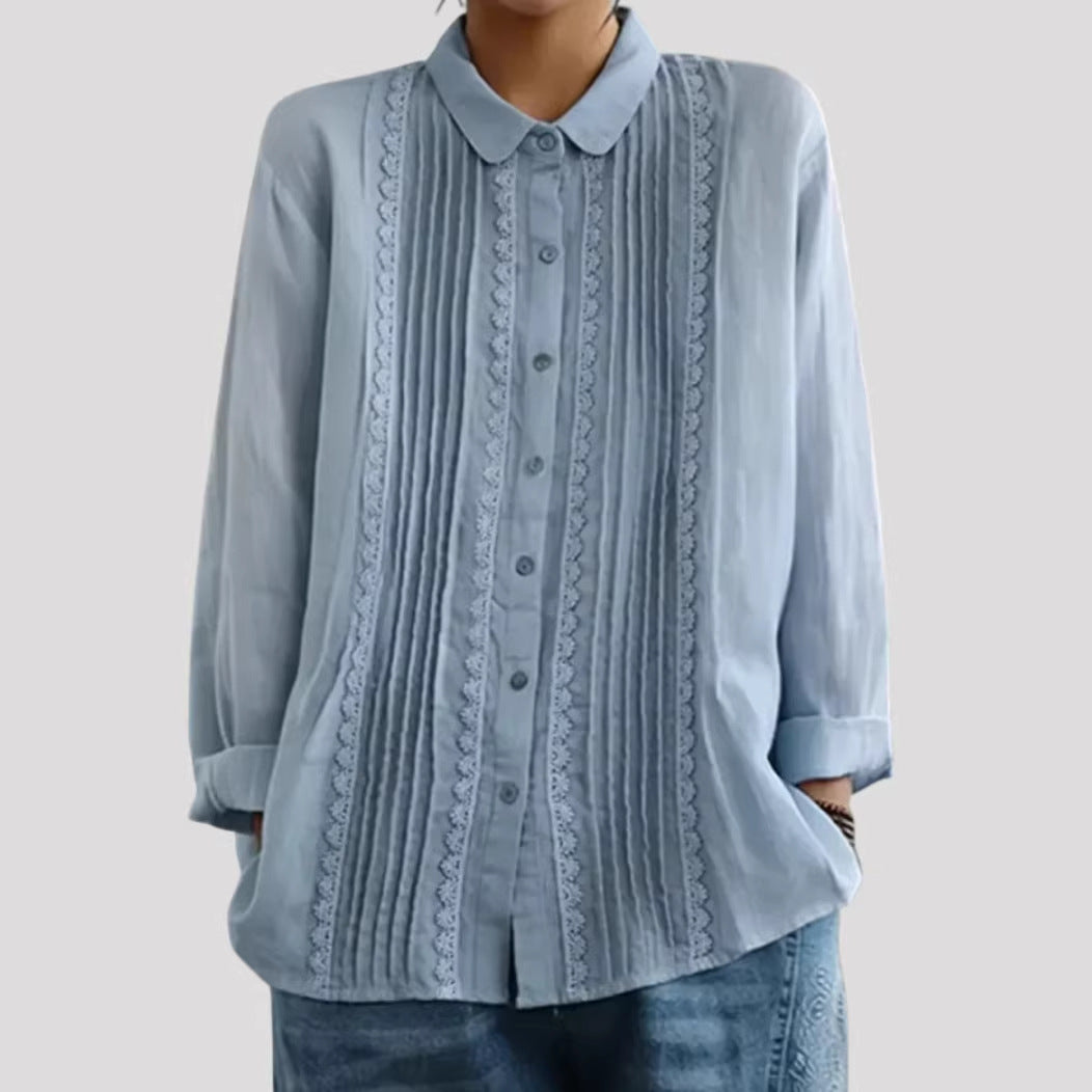 Damen Elegante Bluse mit feinen Falten und Spitzenbesatz