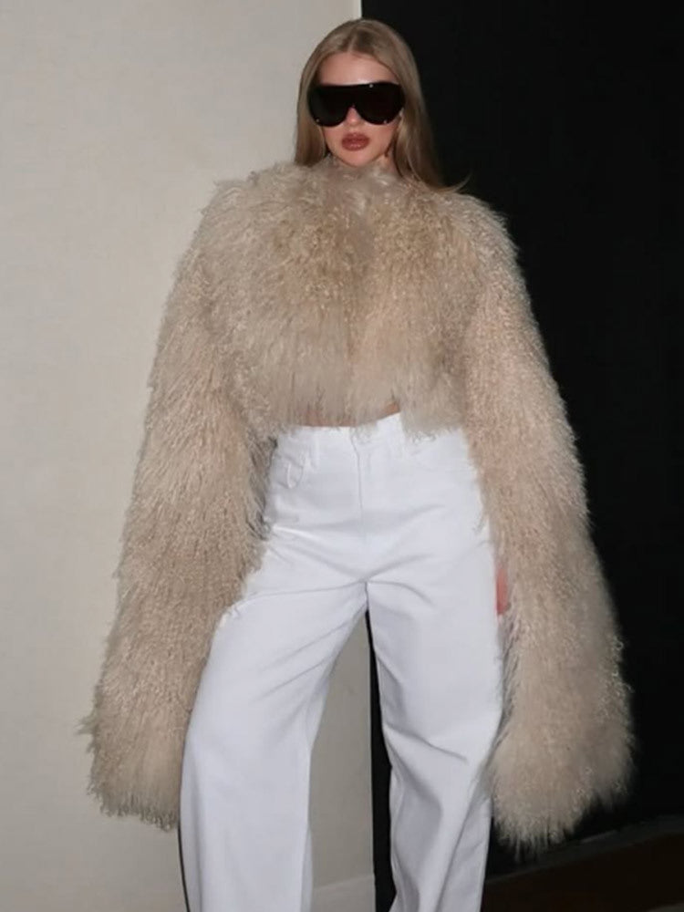 Damen Extravaganter Oversize-Fauxfur-Mantel mit langfloriger Lockenstruktur Echoarchiv