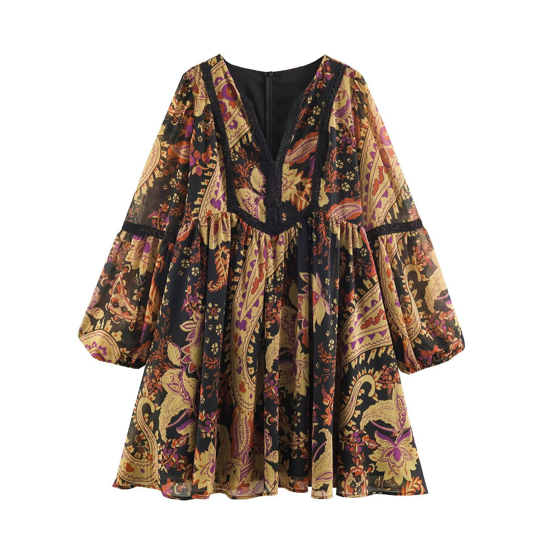 Damen Boho-Minikleid mit V-Ausschnitt, Spitzenbesatz und Ballonärmeln Echoarchiv