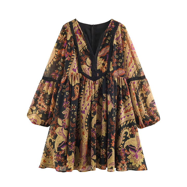 Damen Boho-Minikleid mit V-Ausschnitt, Spitzenbesatz und Ballonärmeln Echoarchiv