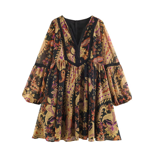 Damen Boho-Minikleid mit V-Ausschnitt, Spitzenbesatz und Ballonärmeln Echoarchiv