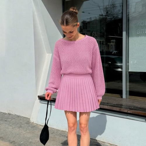 Damen oversized Netzstrickpullover mit plissiertem Minirock-Set – Élanora