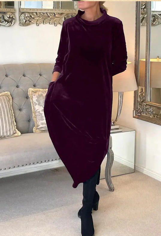 Damen Elegantes Samt Maxi Kleid mit Hohem Rollkragen, Seitentaschen und Lockere Silhouette Echoarchiv