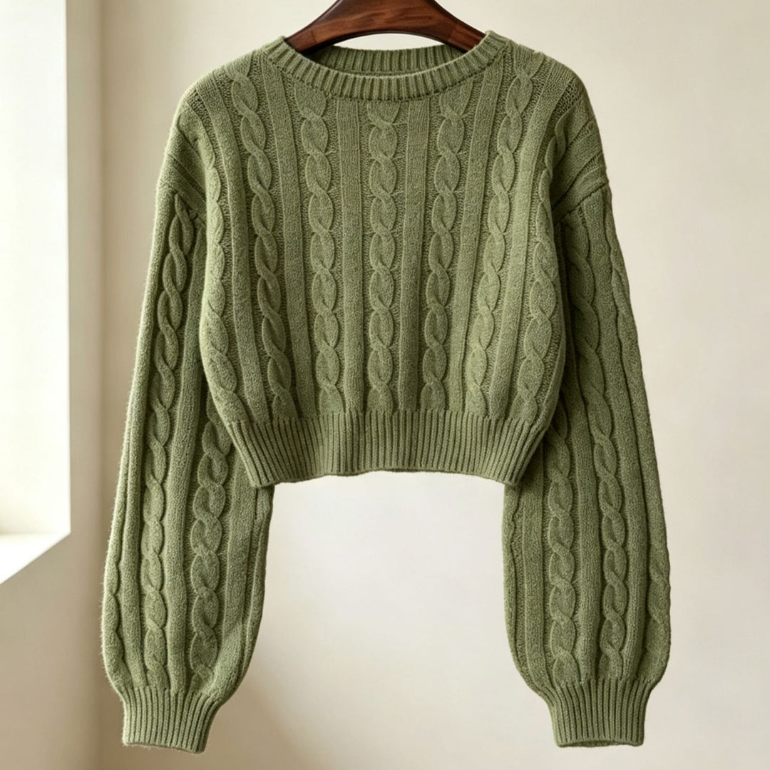 Damen Cropped Zopfmuster-Strickpullover mit kastiger Silhouette und Ballonärmeln – Mavelle