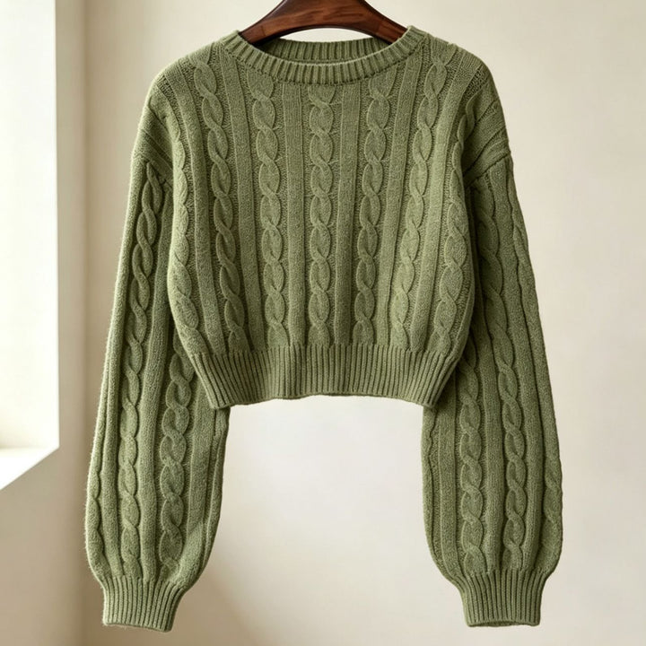 Damen Cropped Zopfmuster-Strickpullover mit kastiger Silhouette und Ballonärmeln – Mavelle