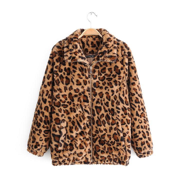 Damen Kunstfelljacke mit Leopardenmuster, durchgehendem Reißverschluss und elastischem Saum Echo Archiv
