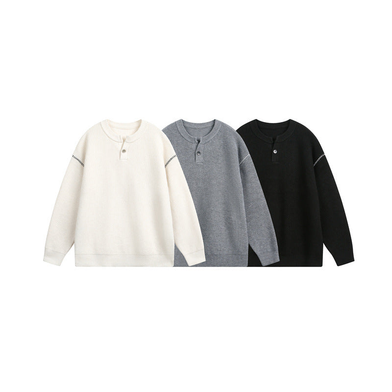 Unisex Grobstrick-Henley-Pullover mit Knopfleiste und Drop-Shoulder Echoarchiv