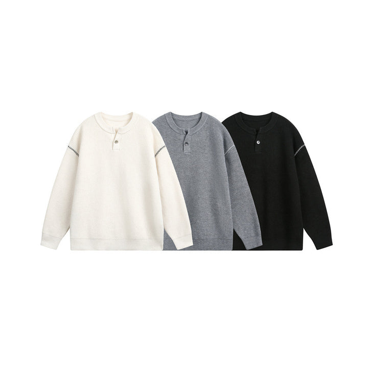 Unisex Grobstrick-Henley-Pullover mit Knopfleiste und Drop-Shoulder Echoarchiv