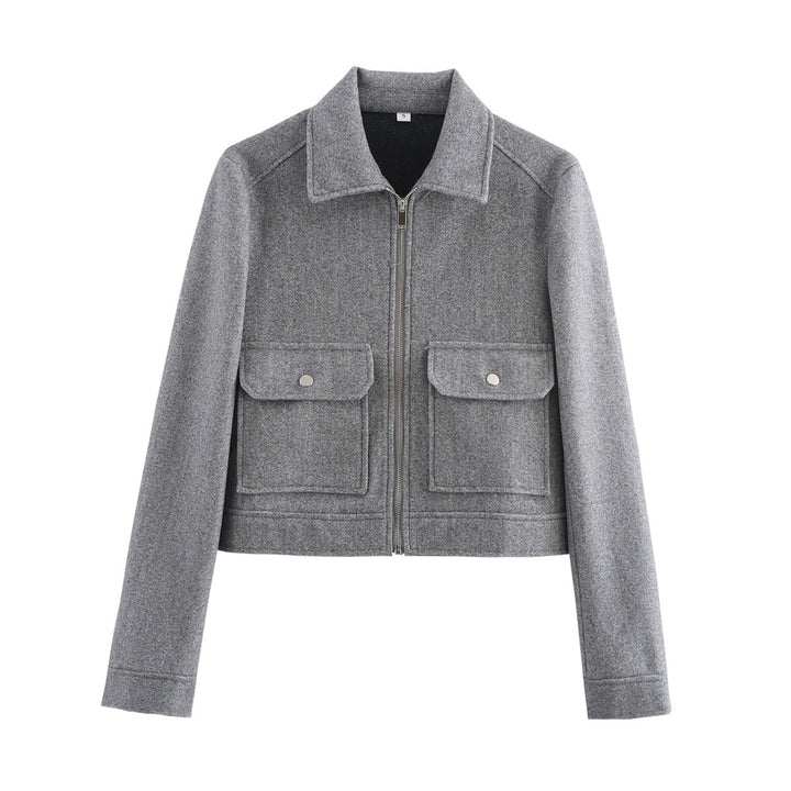 Damen kurz geschnittene Wolloptik-Blousonjacke mit durchgehendem Reißverschluss und aufgesetzten Klappentaschen – Célinea