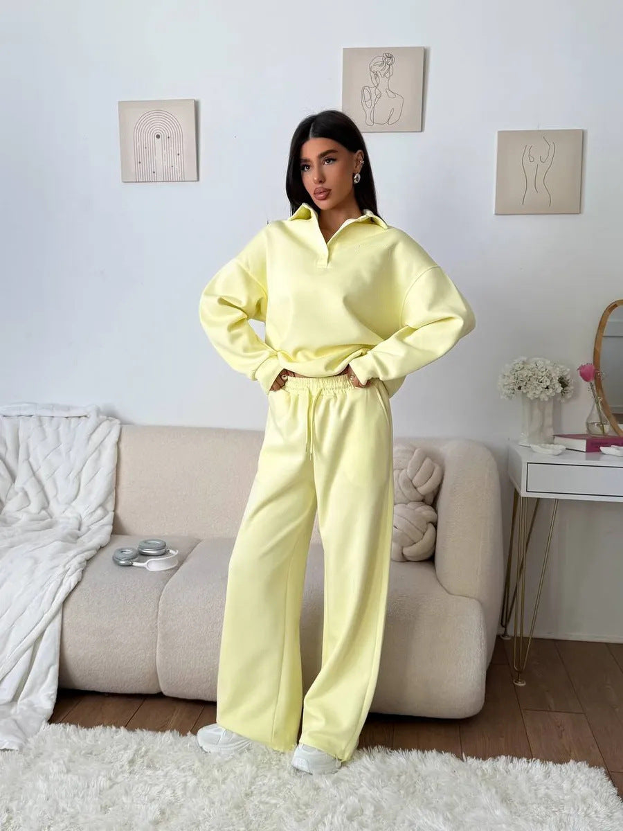 Damen weites Polo-Lounge-Set mit elastischem Tunnelzugbund und Wide‑Leg-Jogginghose – Avérine