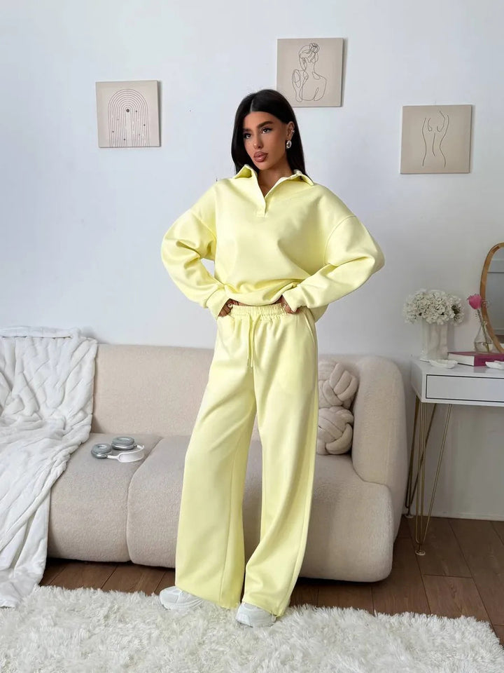 Damen weites Polo-Lounge-Set mit elastischem Tunnelzugbund und Wide‑Leg-Jogginghose – Avérine