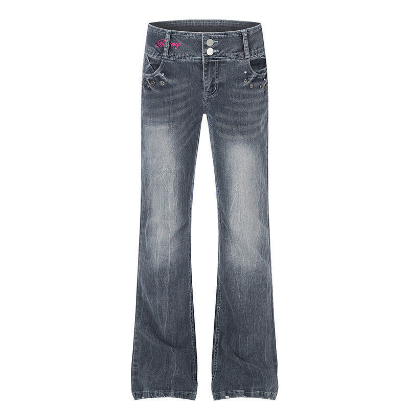 Damen High‑Waist Flared-Jeans mit weitem Bein, Doppelknopf und Nieten-Detail Echoarchiv