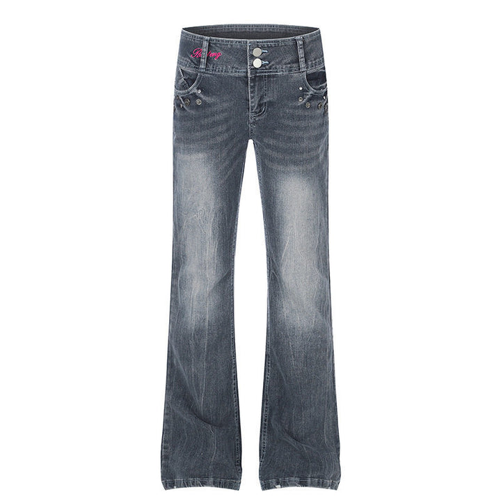 Damen High‑Waist Flared-Jeans mit weitem Bein, Doppelknopf und Nieten-Detail Echoarchiv