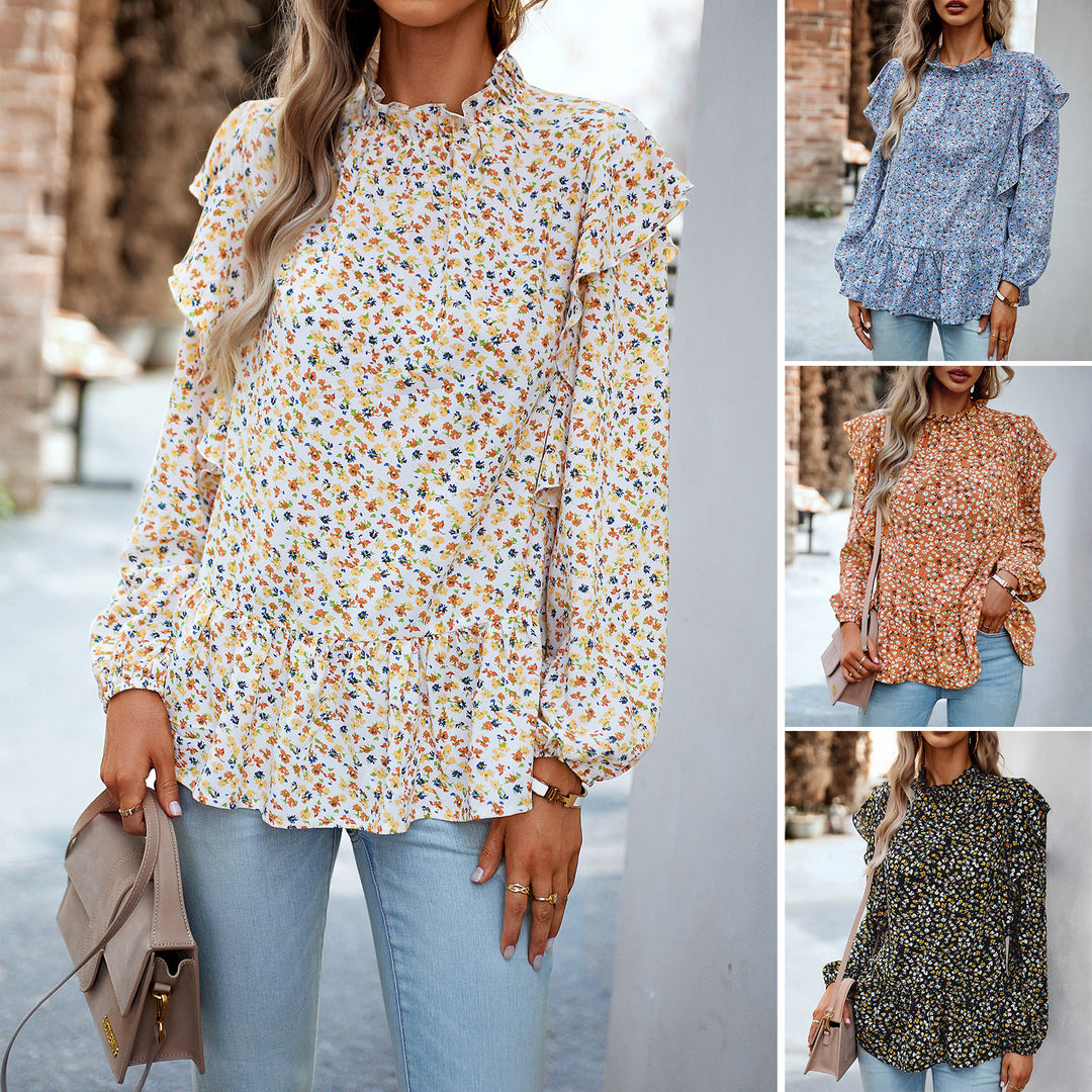 Damen geblümte Chiffon-Bluse mit gerafftem Stehkragen, Volant-Schultern und tailliertem Stufen-Saum – Élovi