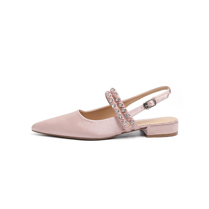 Damen Spitz zulaufende Satin‑Mules mit gepolstertem Komfortfußbett, niedriger Blockferse und kristallbesetztem Zierriemen – Lioré
