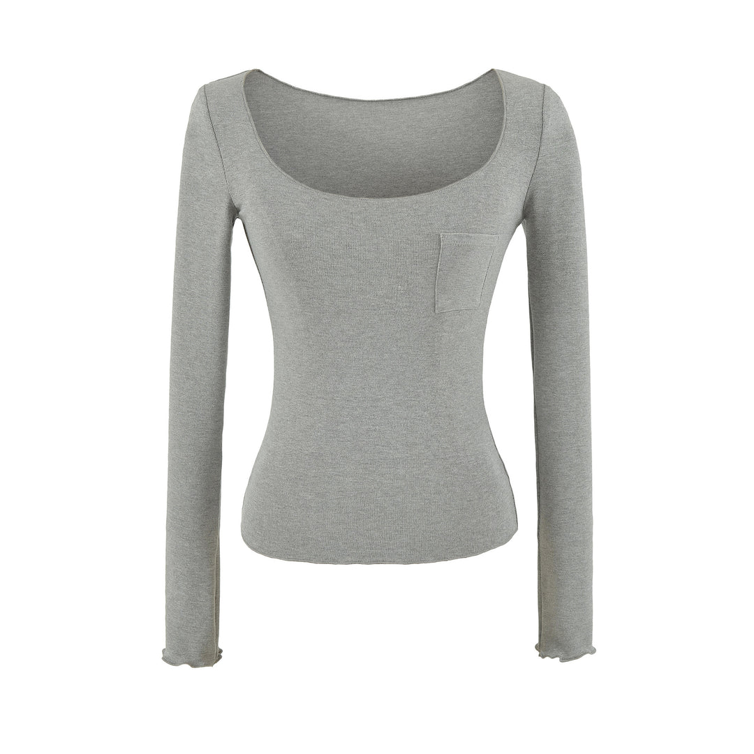 Damen Figurbetontes geripptes Langarmshirt mit weitem Quadrat-Ausschnitt und Brusttasche Echoarchiv