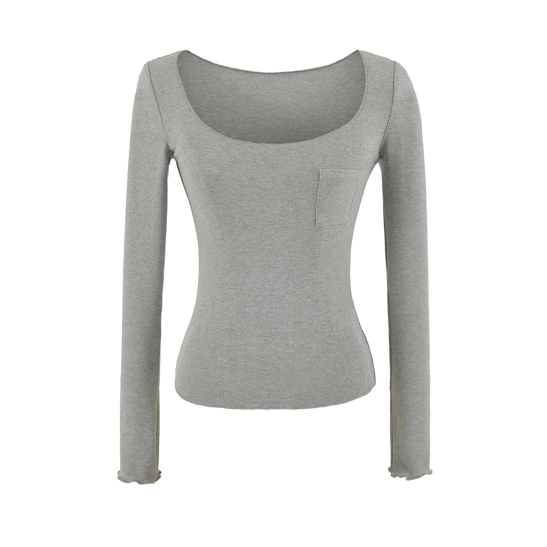 Damen Figurbetontes geripptes Langarmshirt mit weitem Quadrat-Ausschnitt und Brusttasche Echoarchiv