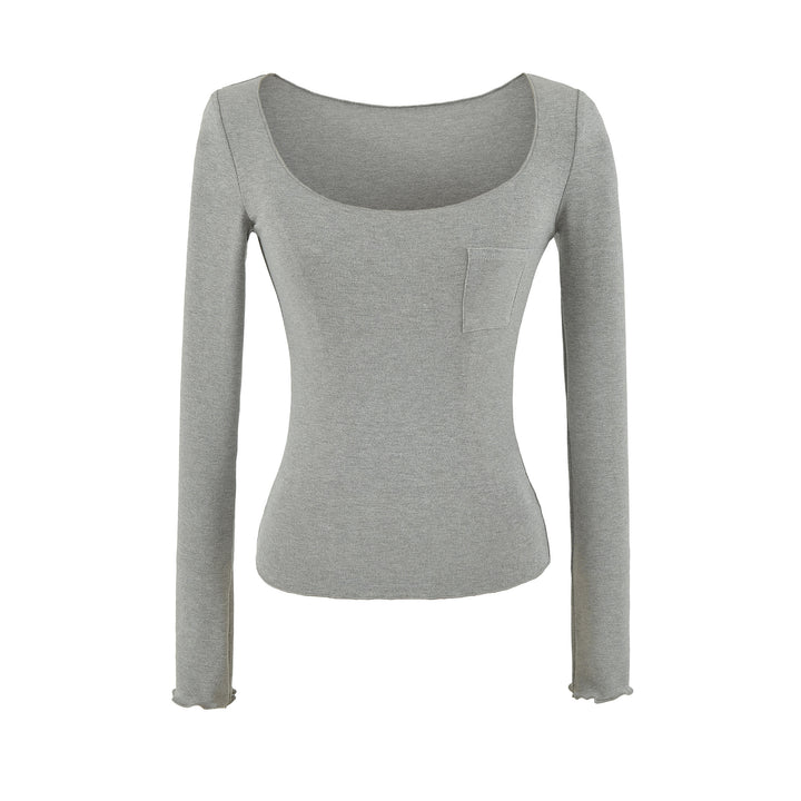 Damen Figurbetontes geripptes Langarmshirt mit weitem Quadrat-Ausschnitt und Brusttasche Echoarchiv