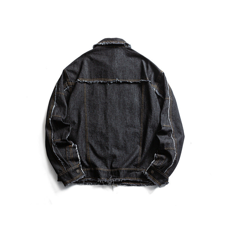 Herren Oversize Jeansjacke mit ausgefransten Kanten und großen Pattenstaschen Echoarchiv