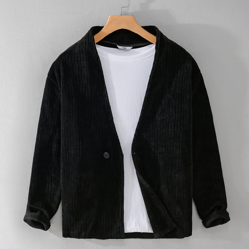 Herren Cord-Overshirt-Sakko mit V-Ausschnitt und Ein-Knopfverschluss Echoarchiv