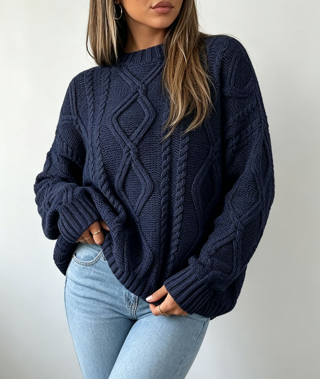 Damen Oversize Flechtstrick-Pullover mit Zopfmuster und Rundhals – Mavelle