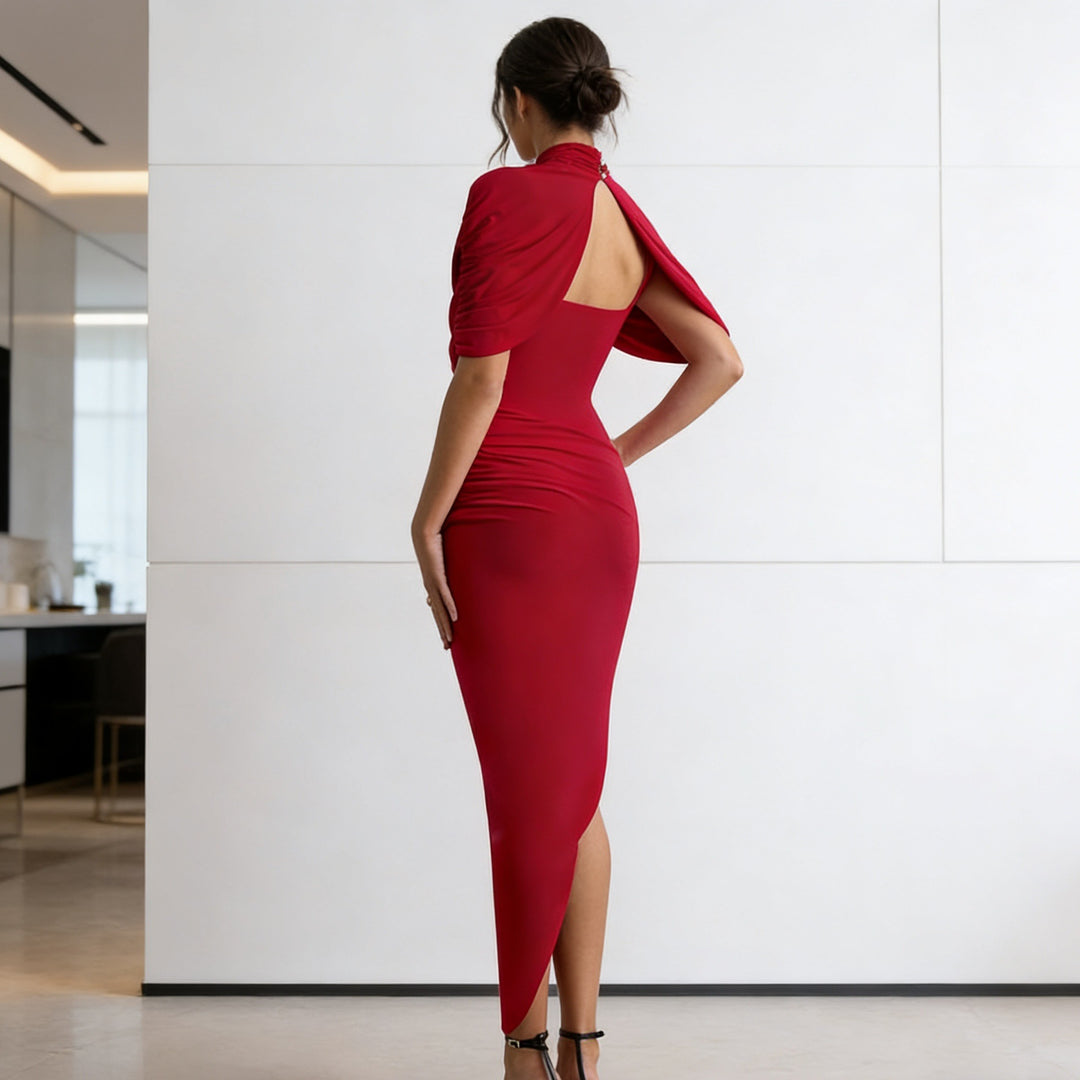 Damen Elegantes Drapiertes Maxikleid mit hohem Kragen und seitlichem Schlitz Echo Archiv