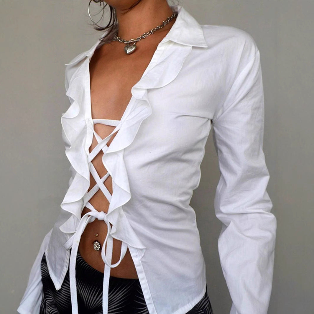 Damen Bluse mit voluminösem Rüschendesign und taillierbarem Schnitt Echo Archiv