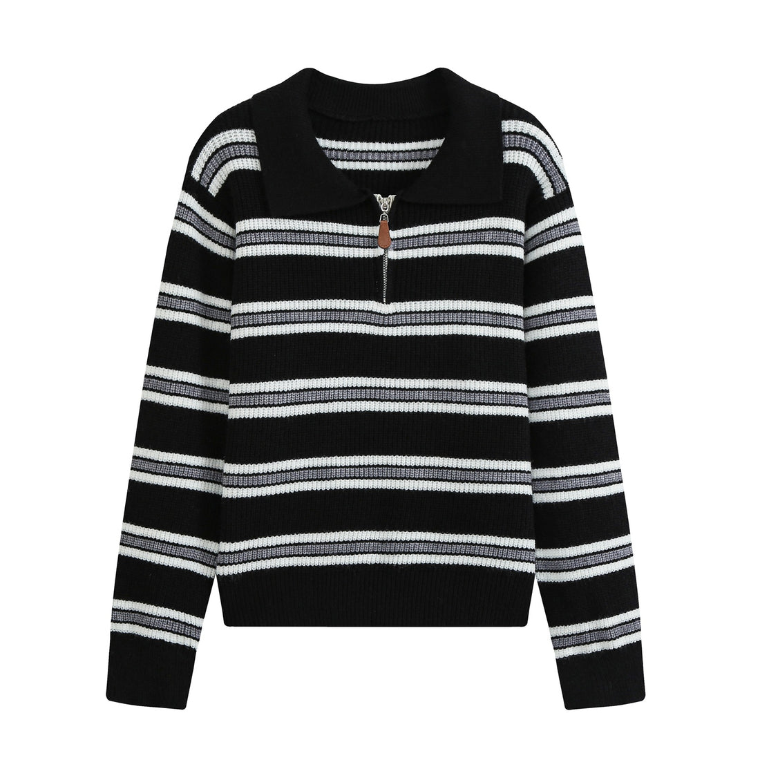 Damen Gestreifter Strickpullover mit Polokragen und Halbreißverschluss Echoarchiv