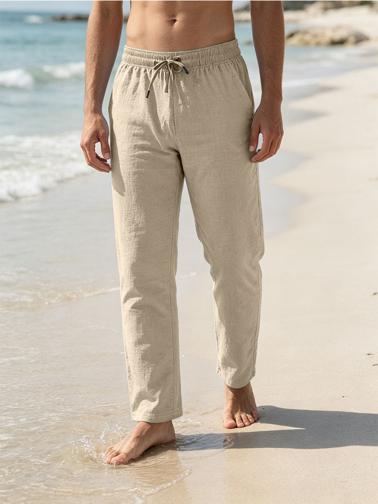 Herren Leichte Leinen-Baumwoll-Hose mit Tunnelzug, elastischem Bund und geradem Schnitt Echoarchiv