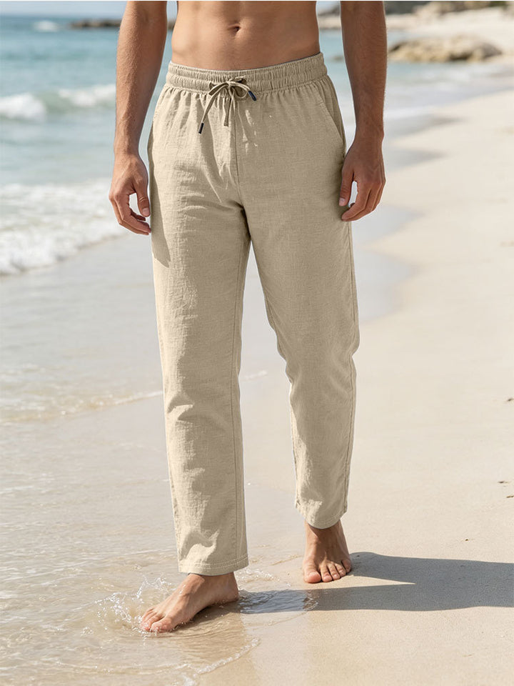 Herren Leichte Leinen-Baumwoll-Hose mit Tunnelzug, elastischem Bund und geradem Schnitt Echoarchiv