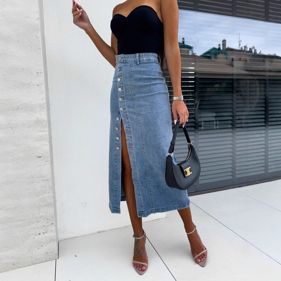 Damen nan taillenhoher Midirock aus Stretchdenim mit seitlichem Druckknopf-Schlitz und figurbetonter Passform Echo Archiv