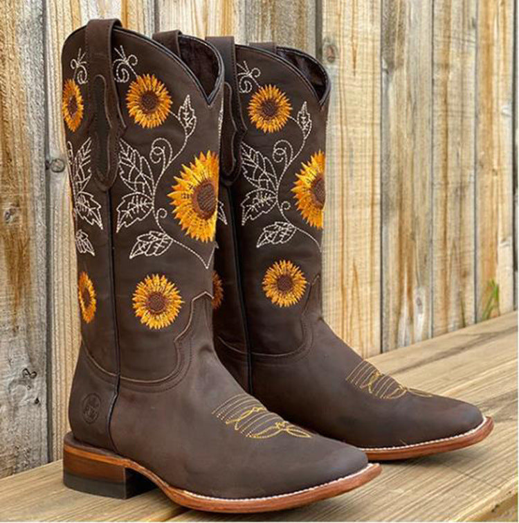 Damen Western-Stiefel mit Sonnenblumen-Stickerei und mittelhohem Blockabsatz – Lioré
