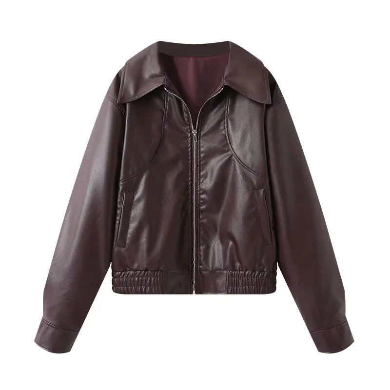 Damen nan Oversize Kunstlederjacke im Bomberstil mit Hemdkragen, kontrastierender Materialoptik und elastischem Saum Echo Archiv