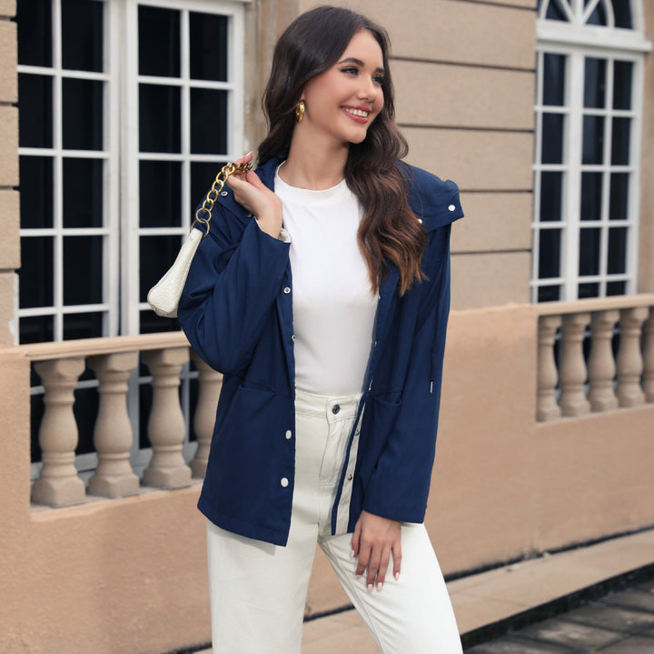 Damen Wasserabweisende Kapuzenjacke mit Druckknopf-Front, Tunnelzug und Eingrifftaschen Echoarchiv
