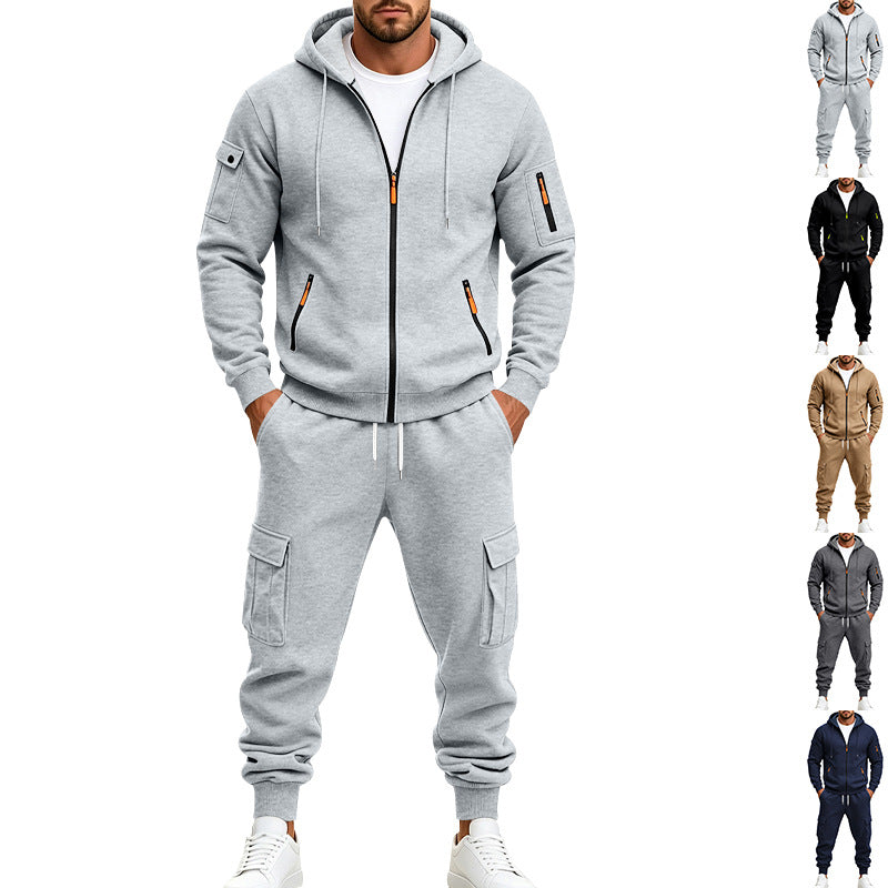 Herren Funktionales Cargo-Sweatset mit Kapuzenjacke und Mehrfachtaschen-Jogger – Cavarno