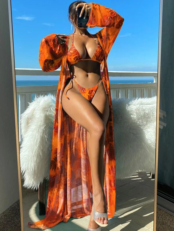 Damen Bikini-Set mit transparentem Kaftan und floralem Design Echo Archiv