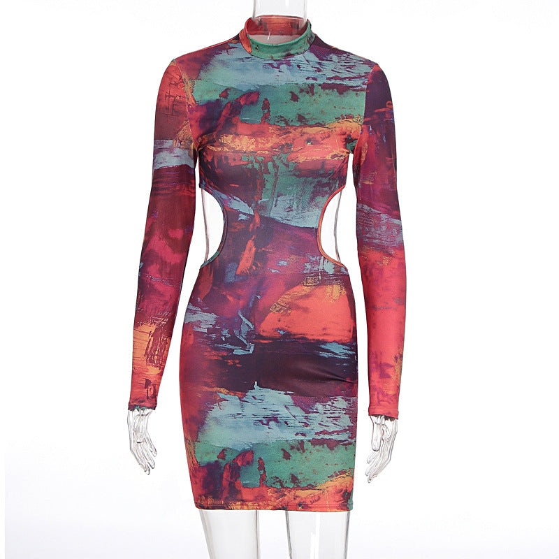 Damen figurbetontes Cut-Out Kleid mit hochgeschlossenem Kragen und luxuriösem Muster Echo Archiv
