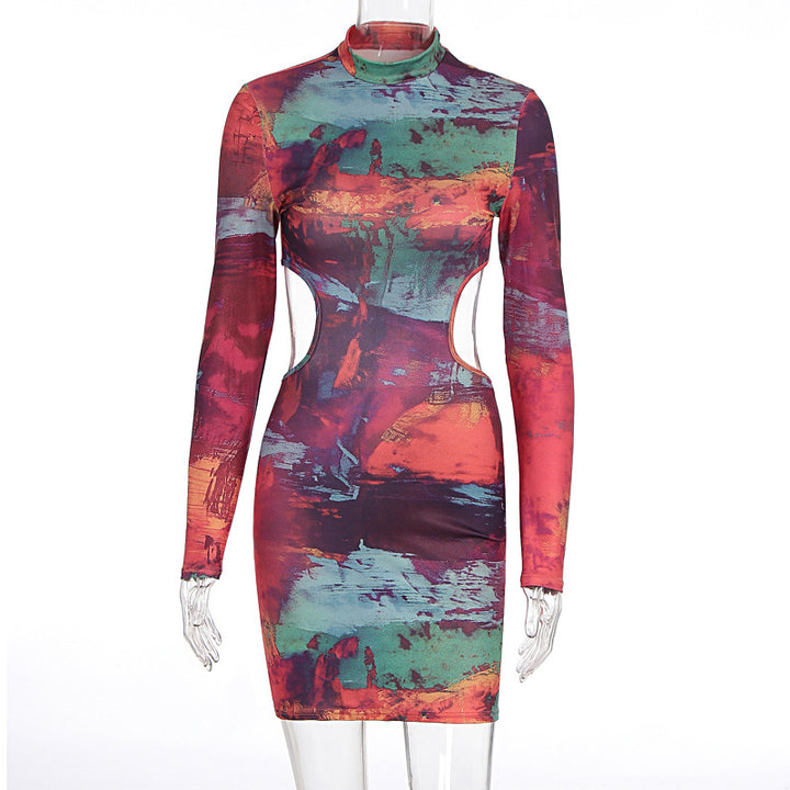 Damen figurbetontes Cut-Out Kleid mit hochgeschlossenem Kragen und luxuriösem Muster Echo Archiv