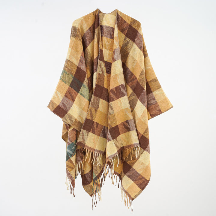 Damen Oversize-Plaidponcho mit Fransen und gewebtem Karomuster Echo Archiv